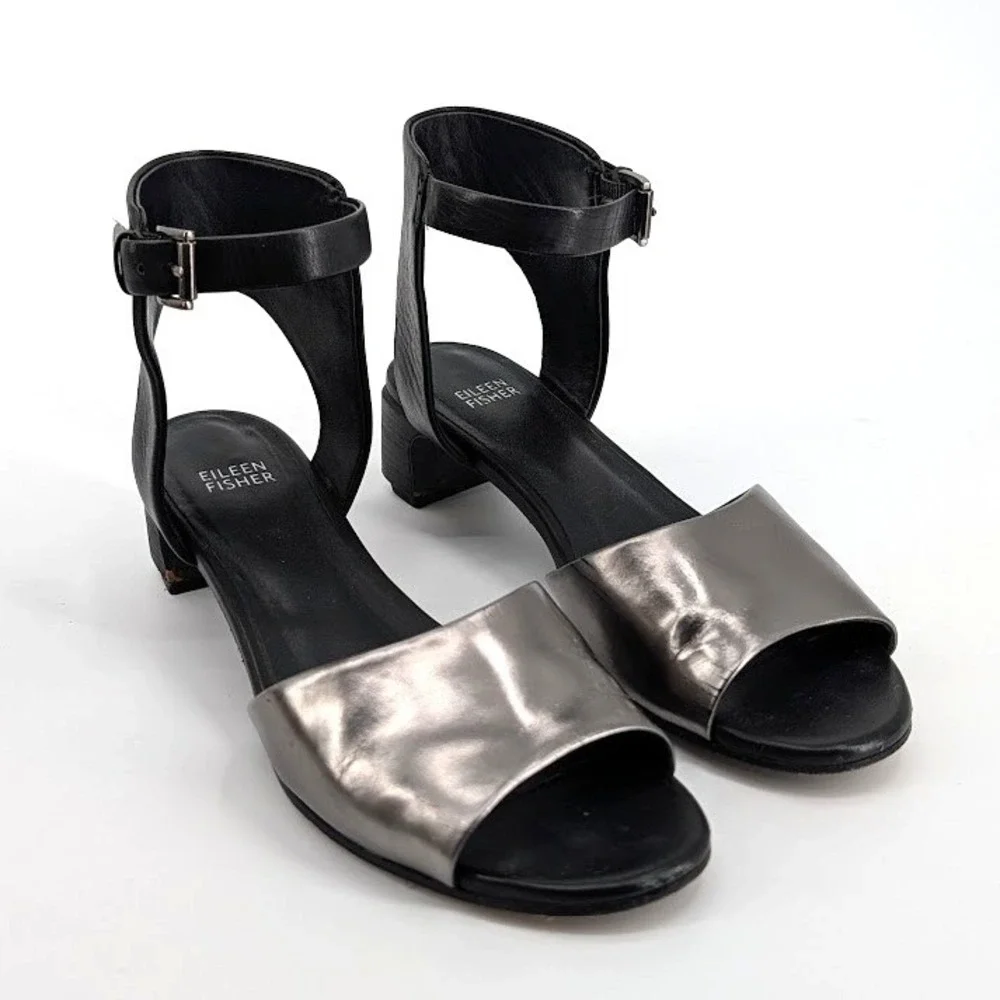 Eileen Fisher Metallic‎ Pewter Black Leather Ankle Strap Block Heel Sandals 8.5